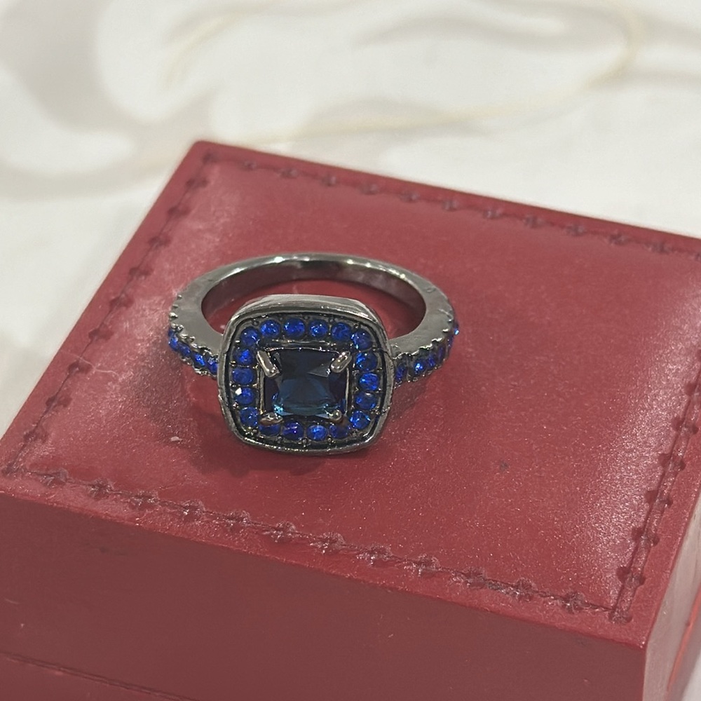 Princess Blue Square Zircon Black Ring Jewelry Gift Size 7